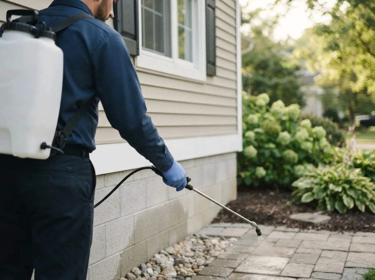 Pest control technician inspecting a home in Chariton, IA